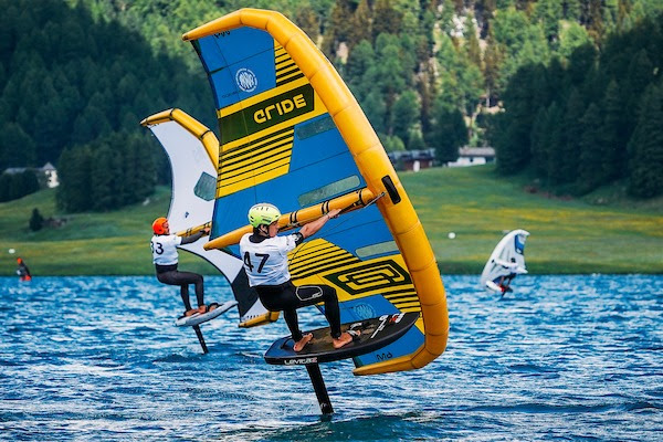 Wingfoil Racing Wylde flying over Silvaplana at the Wingfoil Racing World Cup Ensis ...